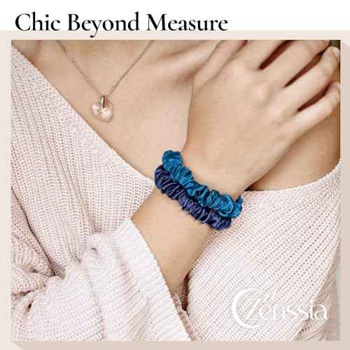 Zenssia Silk Scrunchies for Hair, 4PC Pure Mulberry Silk Hair Ties No Damage, Skinny Elastic Scrunchies for Fine & Thin Hair, Black