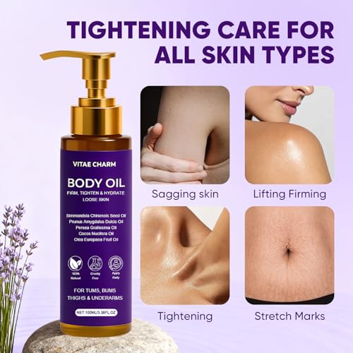 Vitae Charm Body Oil, Luxury Body Oil for Crepe Skin, Firming Tightening & Hydrating Body Serum with Vitamin E and Sweet Almond Oil, Smooths Skin for Women
