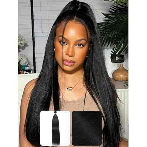 KLAIYI Yaki Straight Bundles Human Hair Weaves Unprocessed Real Virgin Hair Sew In Extensions One Bundle Of 20Inch, 12A Kinky Straight Double Wefts for Women Cllip In Light Yaki Natural Black Color