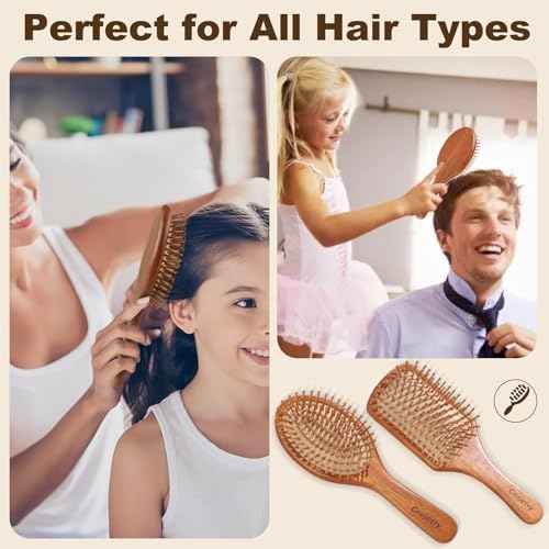 2-Piece Bamboo Hair Brush Set for Hair Growth (Oval & Square) - Natural Wooden Scalp Massage Brush with Bamboo Bristles,Detangling Hairbrush for Women,Men,All Hair Types - Ergonomic Handle