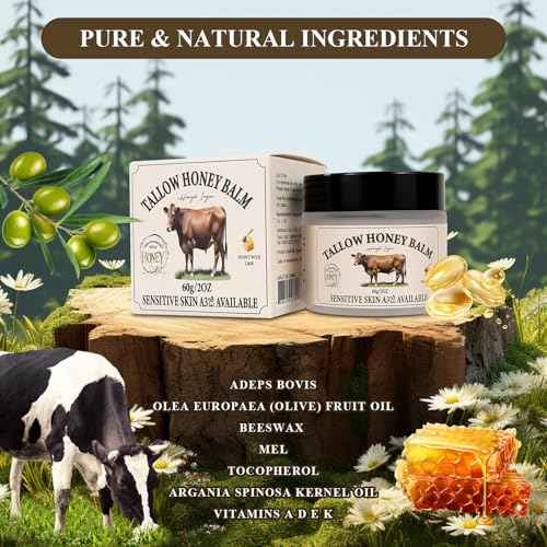 Beef Tallow for Skin, Whipped Tallow and Honey Balm Tallow Face Moisturizer, 100% Pure Beef Tallow Balm Blend of Vitamins Grass Fed Beef Tallow, All-Natural Moisturizer Hydrates and Nourishes the Skin