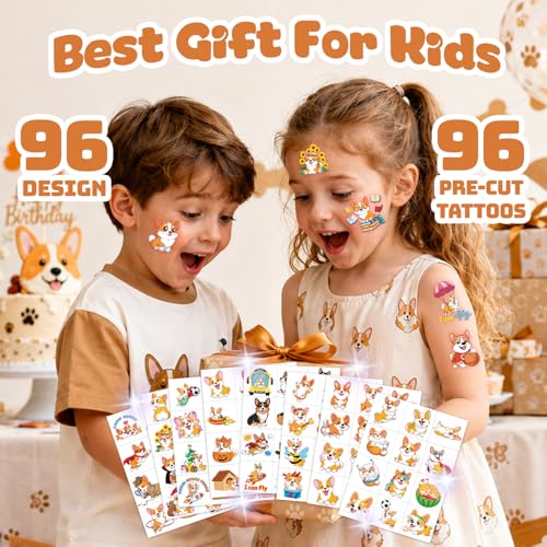 96 PCS Corgi Temporary Tattoos for Kids - Pre-Cut