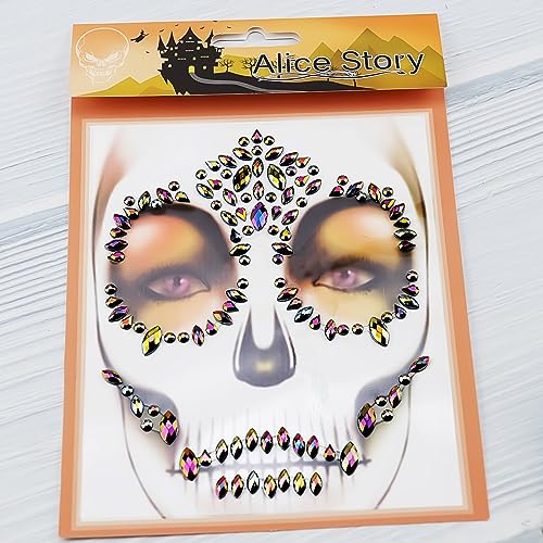 Halloween Sugar Skull Face Gems Jewels Skull Temporary Rhinestone Face Tattoo Day Of The Dead Face Decal Tattoo Stickers For Halloween Festival Rave Party Festival Accessories (Black Gold)