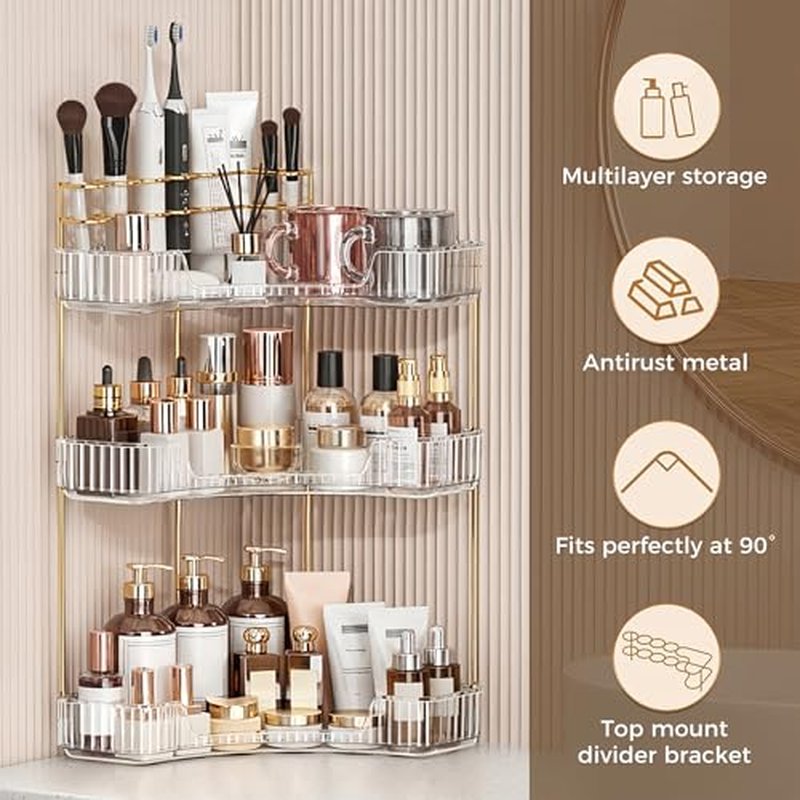 3-Tier Corner Bathroom Organizer with Makeup Brush Holder
