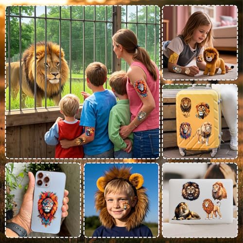 Lion Temporary Tattoo Stickers for Kids, 8 Sheets