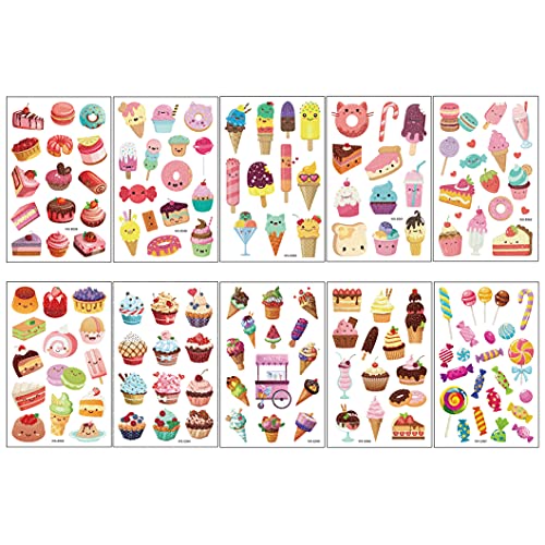 Glitter Temporary Tattoos for Kids, 141Pcs Girls Lovely Ice Cream Fake Tattoo Birthday Party Supplies Cookie Tattoo (10 Sheets) Cute Waterproof Stickers Decoration Gifts Favors Sparkly Cake