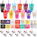 Pickmesh Teacher Appreciation Gift Bulk 48 Pcs / 12 Sets Makeup Bag Keychain 24oz Plastic Cup with Lid Ballpoint Pen Thank You Teacher Supplies(Rainbow Straw Cup,Multicolor)