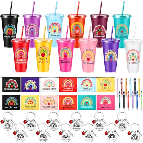Pickmesh Teacher Appreciation Gift Bulk 48 Pcs / 12 Sets Makeup Bag Keychain 24oz Plastic Cup with Lid Ballpoint Pen Thank You Teacher Supplies(Rainbow Straw Cup,Multicolor)