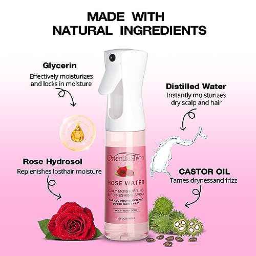 Orientfashion Moisturizing Refreshing Spray for Locs- Rose Water Hair Scalp Moisturizer, Castor Oil- Natural Loc Care and Maintenance (Rose, 10 Fl oz)