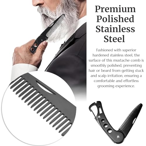Stainless Steel Folding Beard Comb, Portable Mustache Comb, Beard Grooming Kit - Black