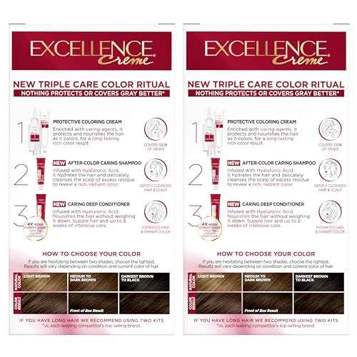 L'Oreal Paris Excellence Crème Permanent Hair Dye, Triple Care Hair Color with Pro-Keratine Complex for 100% Gray Hair Coverage, 4 Dark Brown, 1 Kit (Pack of 2)