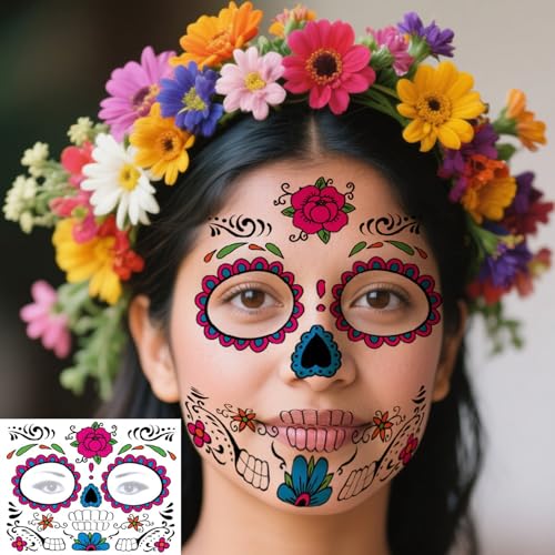 Halloween Temporary Face Tattoos Makeup Kit, Day of the Dead Sugar Skull Floral Black Skeleton Web Red Roses Full Face Mask Stickers Tattoo Families Party Supplies