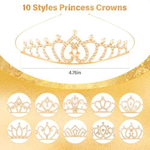 TOBATOBA 10Pcs Gold Tiaras for Women Girls Sparkling Rhinestone Princess Tiara Headband Rapunzel Crowns for Women Tiaras Set Small Tiara Bulk for Birthday Party Wedding School Classroom Costumes Proms