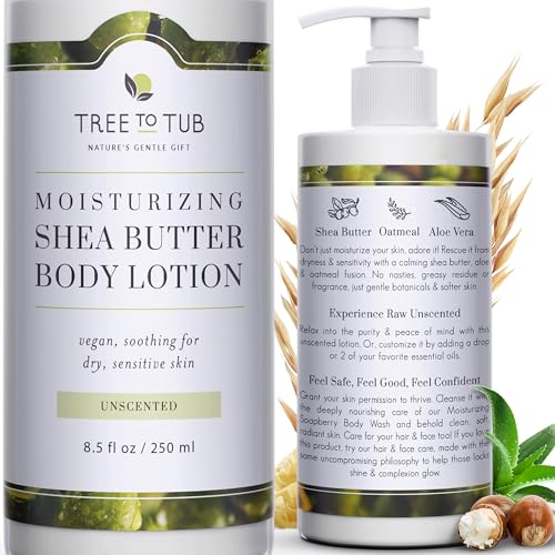 Tree to Tub Unscented Shea Butter Body Lotion for Dry Skin - Fragrance Free Lotion,Vegan Body Moisturizer, Good for Sensitive Skin for both Women & Men