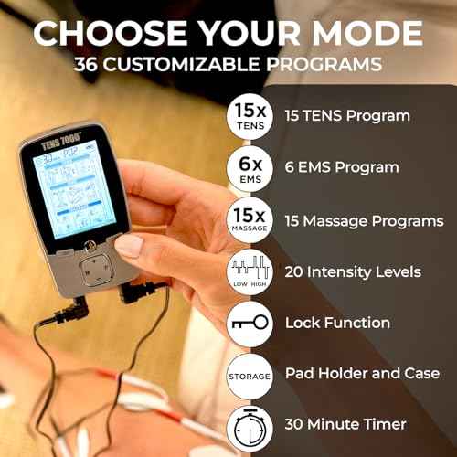 TENS 3-in-1 Combo Unit Muscle Stimulator, EMS Massager Machine for Shoulder, Neck, Sciatica and Back Pain Relief, Electronic Pulse Massage with 36 Customizable Programs and 4 Electrode Pads