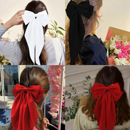 Hapdoo 3PCS Satin Bow Clips with Long Tails - Large Soft Hair Accessories for Women and Girls, 3 Colors