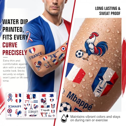 France Flag Temporary Tattoos, 3-Sheet Waterproof Set