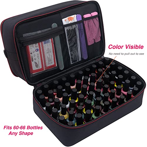 ButterFox Extra Large Nail Polish Organizer Case, Holds 60-66 Bottles and Nail Dryer Lamp, Large Nail Supplies and Accessories Storage Holder Bag (Black/Red)