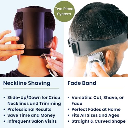 Self Haircut Kit for Men by 247 Groomed | Self Hair Cut 2Pc Set: Fade Guide and Neckline Shaving Template | Adjustable Size Fade Band | Mens Hair Cutting Kit - Haircut Fade Tool & Hair Line Up Tools