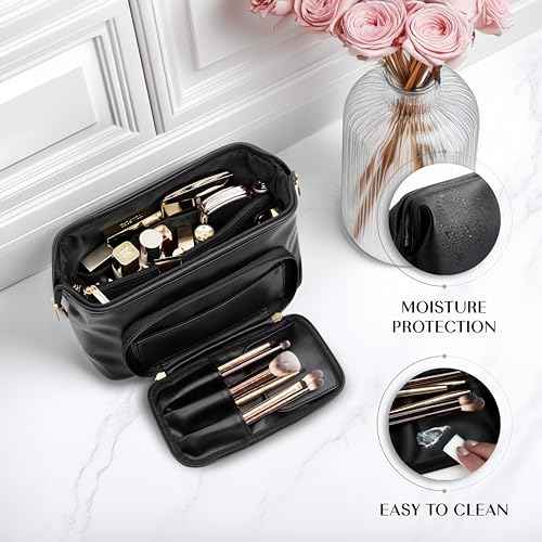 TREND-X Makeup Bag with Brush Compartment, Large Capacity Cosmetic Case, PU Leather Toiletry Bag, Open Flat Cosmetic Storage, Beauty Organizer for Women