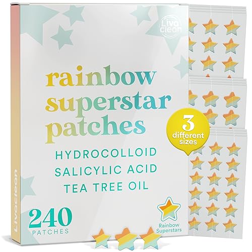 LivaClean 240 CT Rainbow Superstar Acne Patches w/Salicylic Acid & Tea Tree, Rainbow Star Patch Star Pimple Patch Pimple Patches for Face Pimple Patches Acne Patches Cute Zit Patches for Face Star