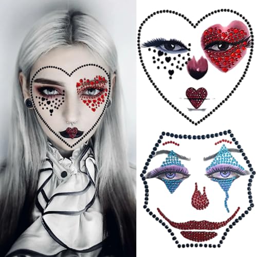 Clown Face Gem Stickers - 2 Pack Rhinestone Makeup Tattoos