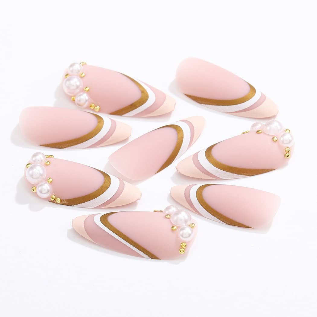 Outyua Pearls Matte Almond Press on Nails Nude Medium Length False Nails with Designs Acrylic Nail Tips Artificial Fake Nail with Adhesive 24Pcs for Women and Girls (Pearl)