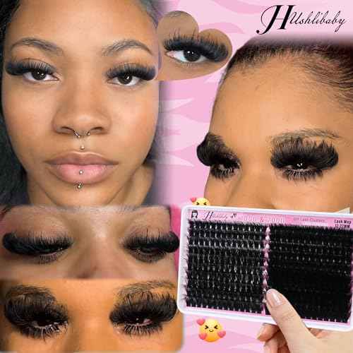Lash Clusters 100D+200D Mega Thick Lashes Clusters 12-22mm Wispy Individual Thick Volume Lashes Cluster Eyelash Extensions 280Pcs DIY Lash Extension at Home, by Hushlibaby(Plant Fiber)