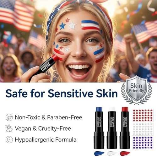 Patriotic Red White Blue Face Paint Stick Set with Glitter Stickers