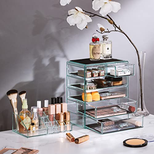Sorbus Acrylic Makeup Organizer Set, 6-Drawer Vanity & Countertop Cosmetic Storage with Small & Wide Compartments, Teal Thrill Makeup Storage for Brushes, Jewelry ? Holiday Gift for Women & Teens