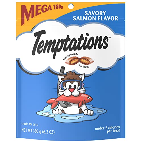 TEMPTATIONS Classic Crunchy and Soft Cat Treats Savory Salmon Flavor, 6.3 oz. Pouch (Pack of 10)