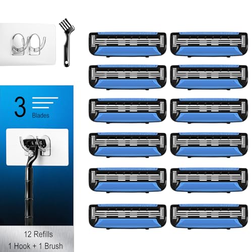 Men's Razor Blade Refills, 12 Count, 3-Layer Ceramic Coated Blades with Lubricating Strip, Matching Handle, Wall Hook & Cleaning Brush Included for Smooth Shaving