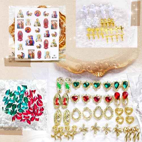 107pcs Virgin Mary Cross Gold Nail Charms Gems,San Judas Nail Charms 3D Alloy Heart Rose Angel Rhinestones for Acrylic Nail Art Religious Nail Stickers Manicure Decoration Supplies (Green, Red, Gold)