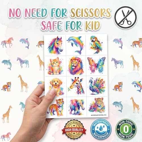 96 Watercolor Animal Temporary Tattoos for Kids