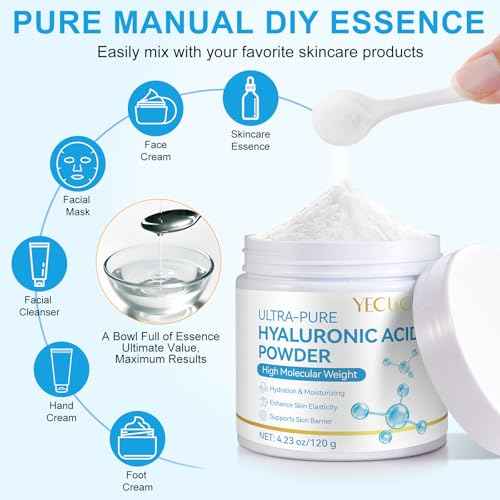 Pure Hyaluronic Acid Serum Powder for Skin & Face, 120G High Molecular Weight Anti Aging Hyaluronic Acid serum, Water Soluble, Fine Powder, Gluten Free, Non-GMO- Includes Scoop