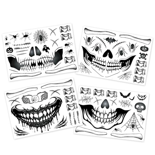 Skull & Creepy-Mouth Temporary Tattoo Stickers, 4-Pack