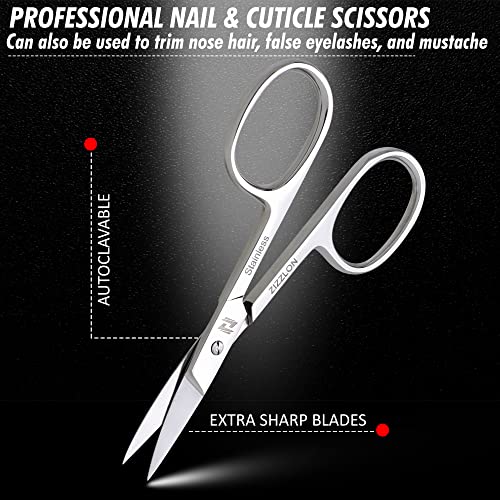 ZIZZLON Manicure Set - Cuticle Scissors, Nail and Eyebrow Scissors, Nail Clippers, Cuticle Pusher, Nail File, Eyebrow Tweezers - Professional Mens Grooming Kit (3 in 1)