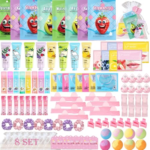 112PCS Spa Party Supplies for Women, Spa Party Favors Include Face Masks,Hand Cream,Lip Mask,Spa Headband and Foot Bath Bombs Bulk Birthday Sleepover Party Supplies for Women