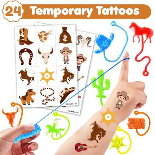 48PCS Cowboy Party Favors - 24PCS Cowboy Temporary Tattoos & 24PCS Cowboy Stick Hands - Perfect Birthday Favors, Goodie Bag Stuffers, Treasure Box Toys, Classroom Prizes, and Student Gifts