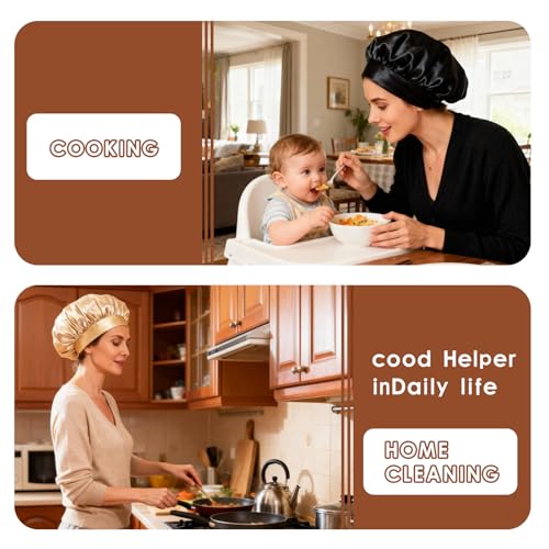 Silk Sleep Cap Set - 2 Pcs Satin Hair Bonnets for Women, Soft Elastic Band, Suitable for Curly & Long Hair - Gold & Black