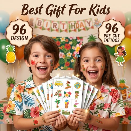 96 Pre-Cut Hawaiian Temporary Tattoos for Kids