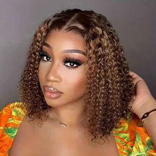 Glueless Wigs Human Hair Pre Plucked Pre Cut 4/27 Highlight Ombre Honey Blonde Curly Bob Wig Human Hair for Beginners 4x4 Deep Wave Lace Closure Glueless Wigs for Black Women 12 Inch