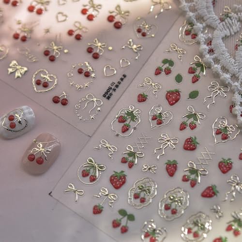 5D Embossed Strawberry Nail Art Stickers - Self-Adhesive Cute Berry Decals