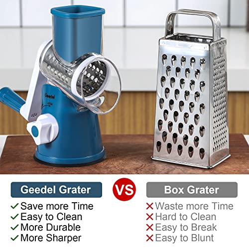 Geedel Rotary Cheese Grater, Kitchen Mandoline Vegetable Slicer with 3 Interchangeable Blades, Easy to Clean Rotary Grater Slicer for Fruit, Vegetables, Nuts