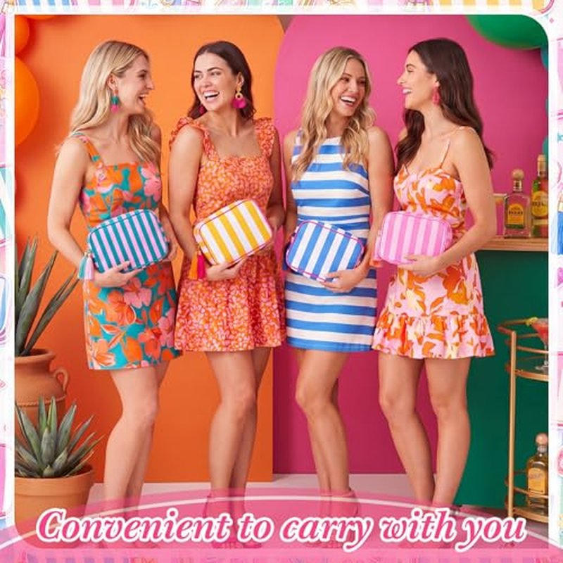 4 Pack Striped Makeup Bags with Tassel Zipper, Large Cosmetic Pouch