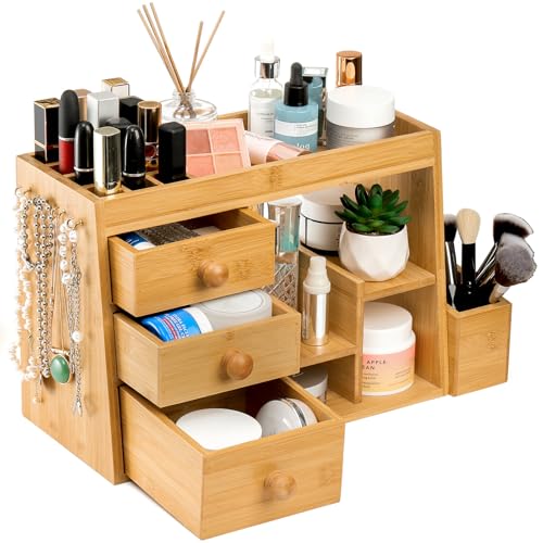 Elsjoy Large Countertop Bamboo Makeup Organizer with 3 Drawers, 12-Grid Lipstick Holder, Jewelry Hanging Hooks, Makeup Brush Holder, Desktop Wood Cosmetic Organizer Stand for Vanity
