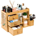 Elsjoy Large Countertop Bamboo Makeup Organizer with 3 Drawers, 12-Grid Lipstick Holder, Jewelry Hanging Hooks, Makeup Brush Holder, Desktop Wood Cosmetic Organizer Stand for Vanity