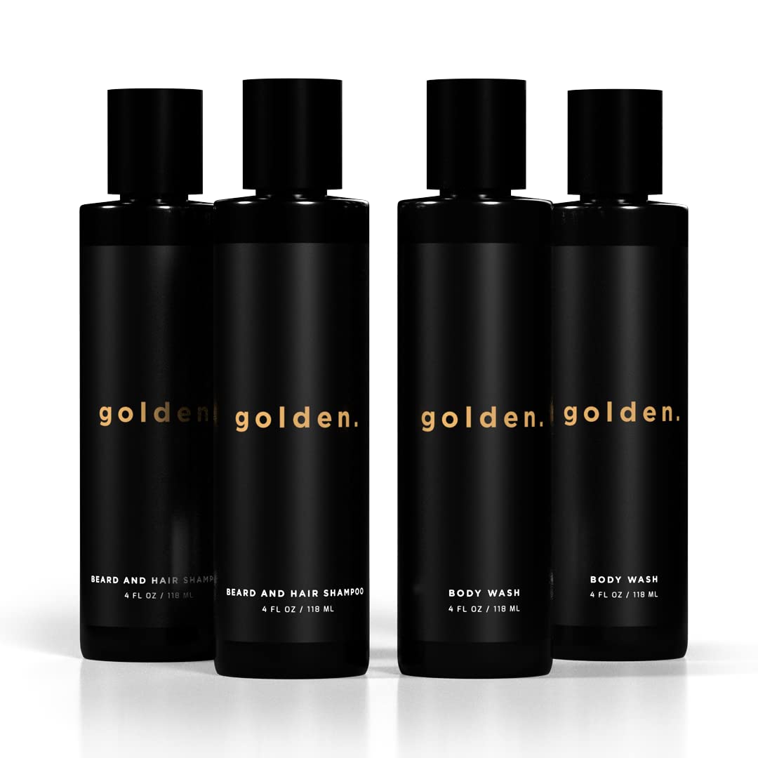 Golden Grooming Co. 3-in-1 Men's Body Wash - Hair & Beard Shampoo - Cleanses, Hydrates, Softens - Body Wash for All Skin Types - Refreshing Scent - Shower Double Pack | Pack of 4