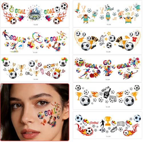 8 Pack Soccer Temporary Tattoos - Waterproof Face & Body Stickers