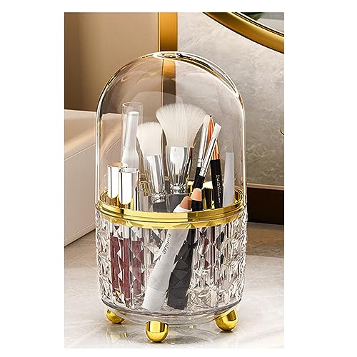 Makeup Brush Holder with Dustproof Lid, 360¡Æ Rotating Makeup Organizer, Spinning Cosmetic Organizer Pen Holder for Vanity Bathroom (Clear Gold)